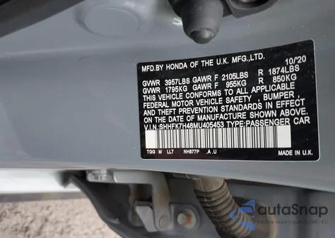 2021 Honda Civic Sport z USA, uszkodzony, nr VIN SHHFK7H48MU405453